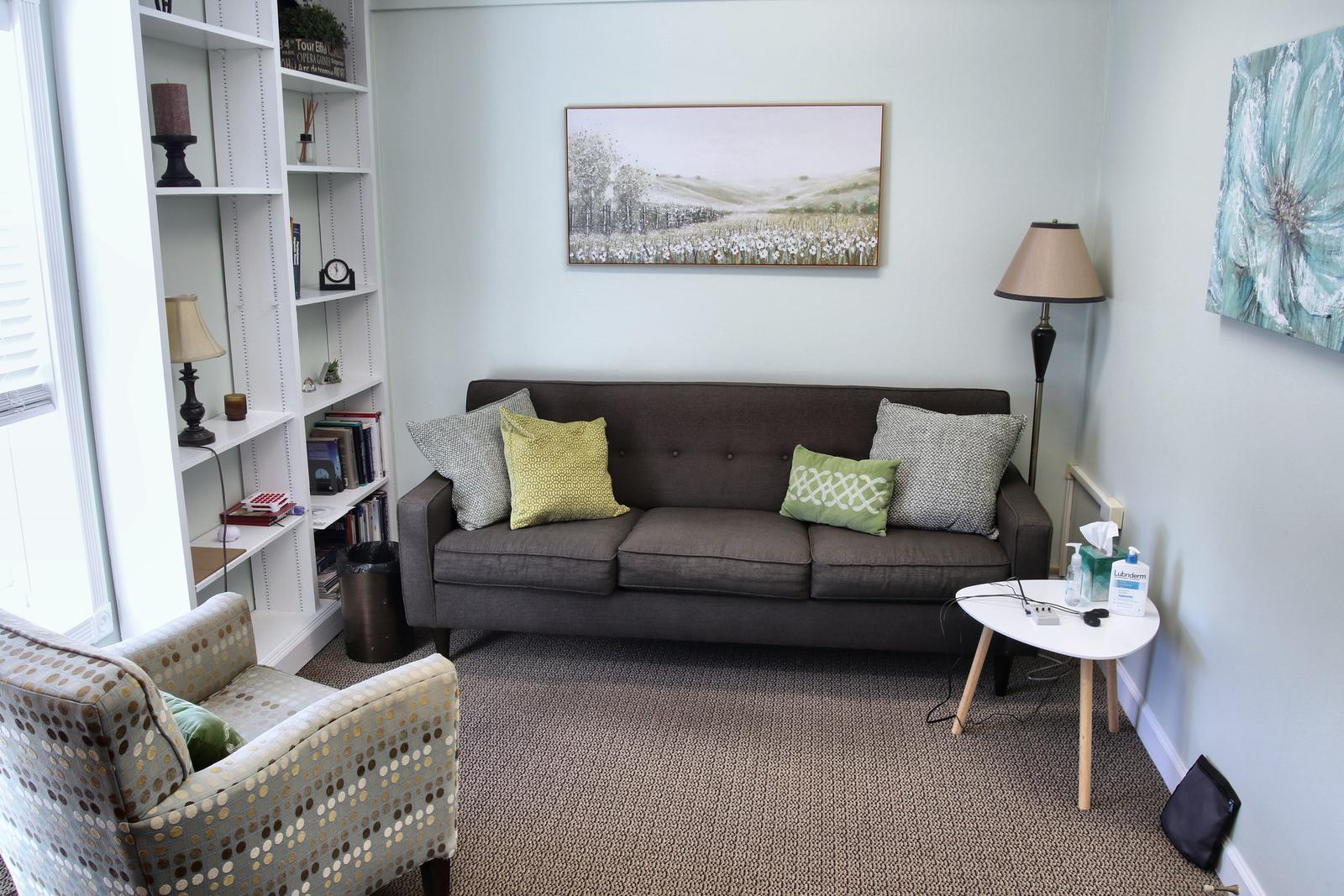 A counseling room at the Wheaton office, with a gray sofa and green pillows, a patterned armchair, a white bookshelf, and a landscape painting.