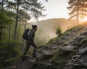 Woman hiking a difficult uphill trail toward the morning sunlight