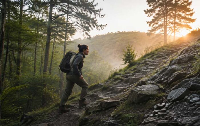 Woman hiking a difficult uphill trail toward the morning sunlight