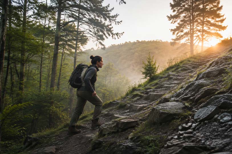 Woman hiking a difficult uphill trail toward the morning sunlight