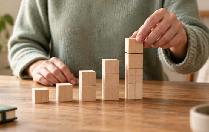Person arranging wooden blocks into ascending columns to represent building lasting habits