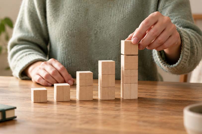 Person arranging wooden blocks into ascending columns to represent building lasting habits
