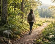 Person walking a new path through the woods toward a sunlit clearing