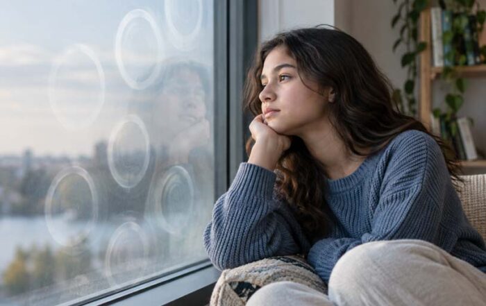 Thoughtful teenager sitting beside a window with circular reflections suggesting recurring thoughts