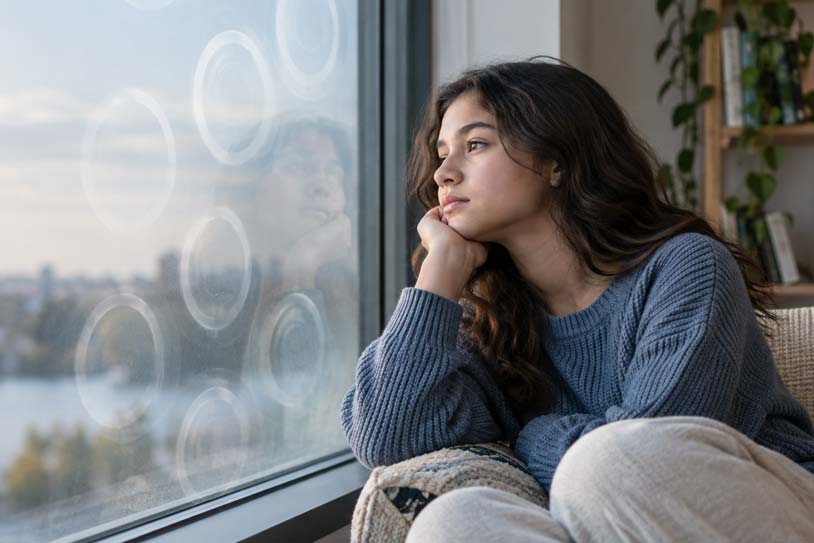 Thoughtful teenager sitting beside a window with circular reflections suggesting recurring thoughts