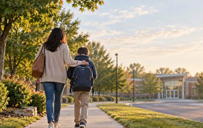 Parent supporting a child as they walk toward school on a quiet morning