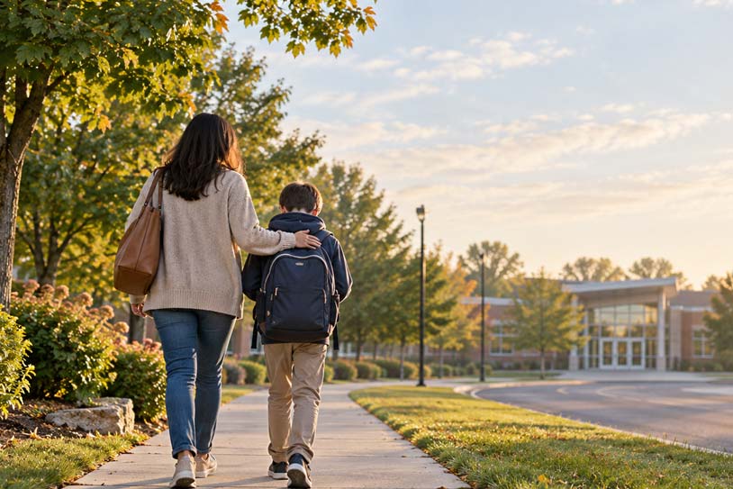 Parent supporting a child as they walk toward school on a quiet morning