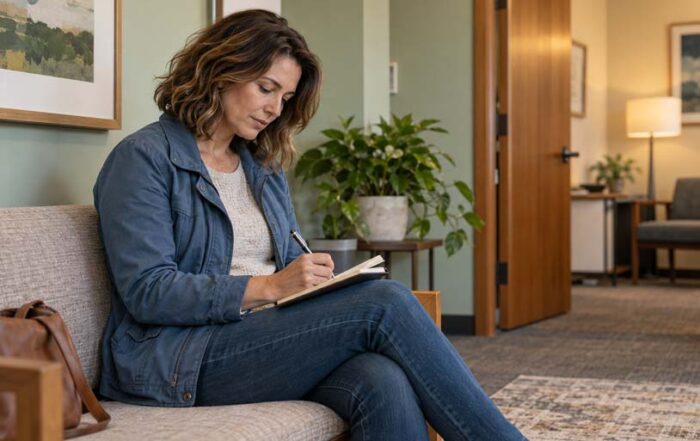 Woman writing in a notebook while seated in a counseling office waiting area.