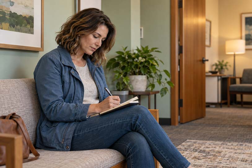 Woman writing in a notebook while seated in a counseling office waiting area.