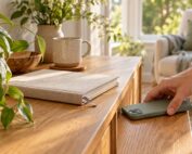 Hand placing a smartphone face down on a wooden table beside a closed notebook in a sunlit room.