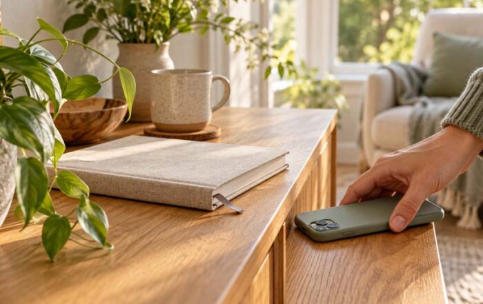 Hand placing a smartphone face down on a wooden table beside a closed notebook in a sunlit room.