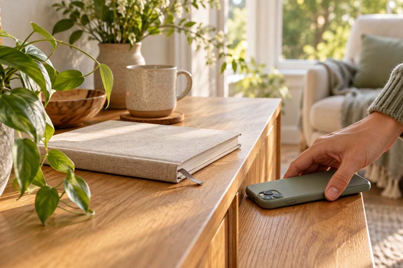 Hand placing a smartphone face down on a wooden table beside a closed notebook in a sunlit room.