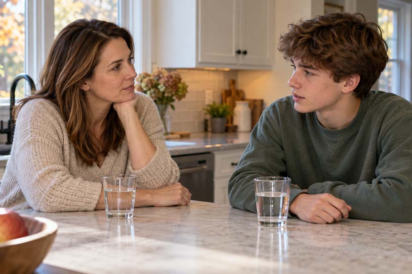 Mother listening to her teenage son during a quiet conversation at their kitchen counter.