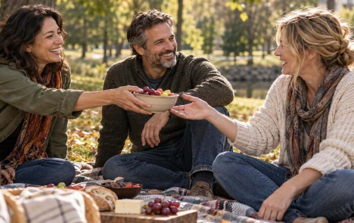 Three friends smiling and sharing a bowl of fruit during a picnic in a sunlit autumn park.