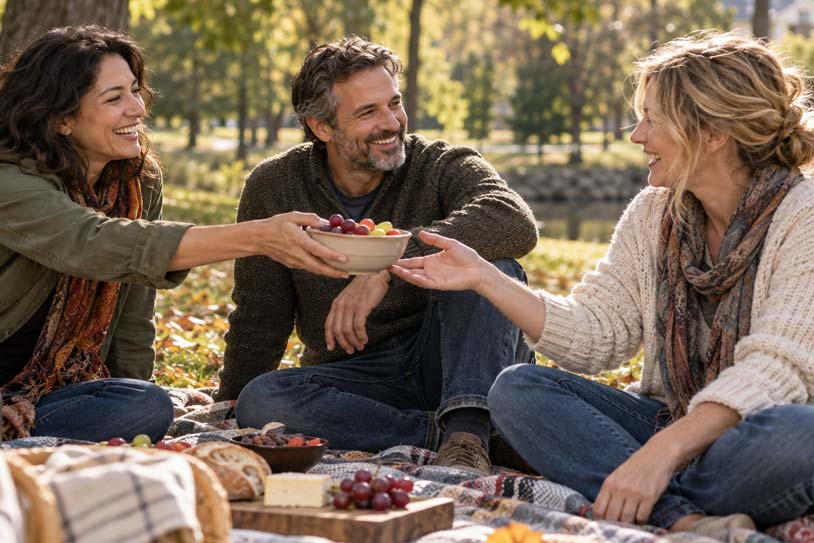 Three friends smiling and sharing a bowl of fruit during a picnic in a sunlit autumn park.